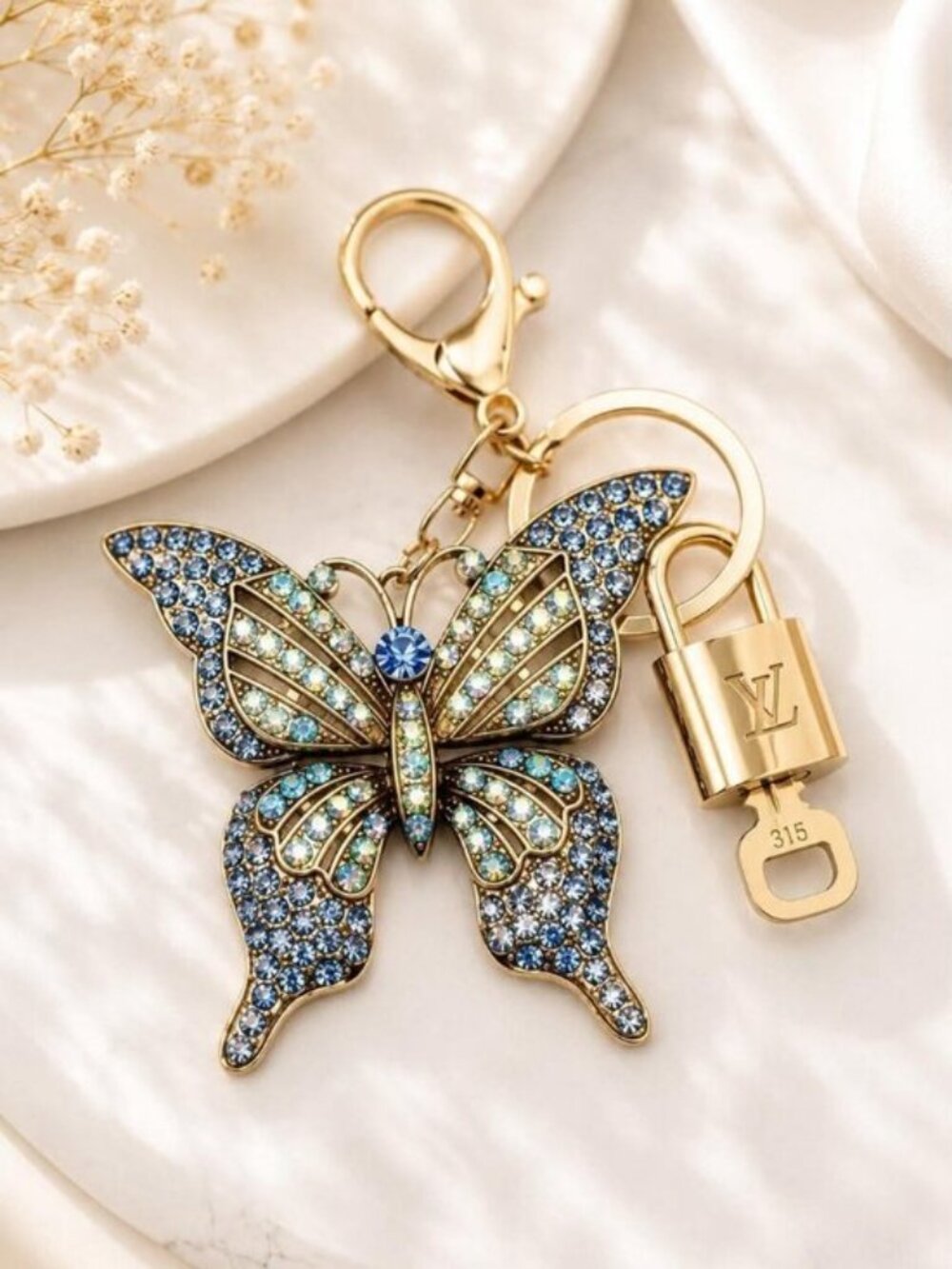 LV Authentic Gold Padlock 🔒 Key Set w/ Unbranded Butterfly Keychain Charm
